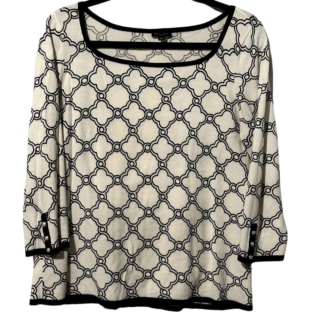 Talbots Three Quarter Sleeve Tipped Button Cuff Sweater Geo Print Women's Size M